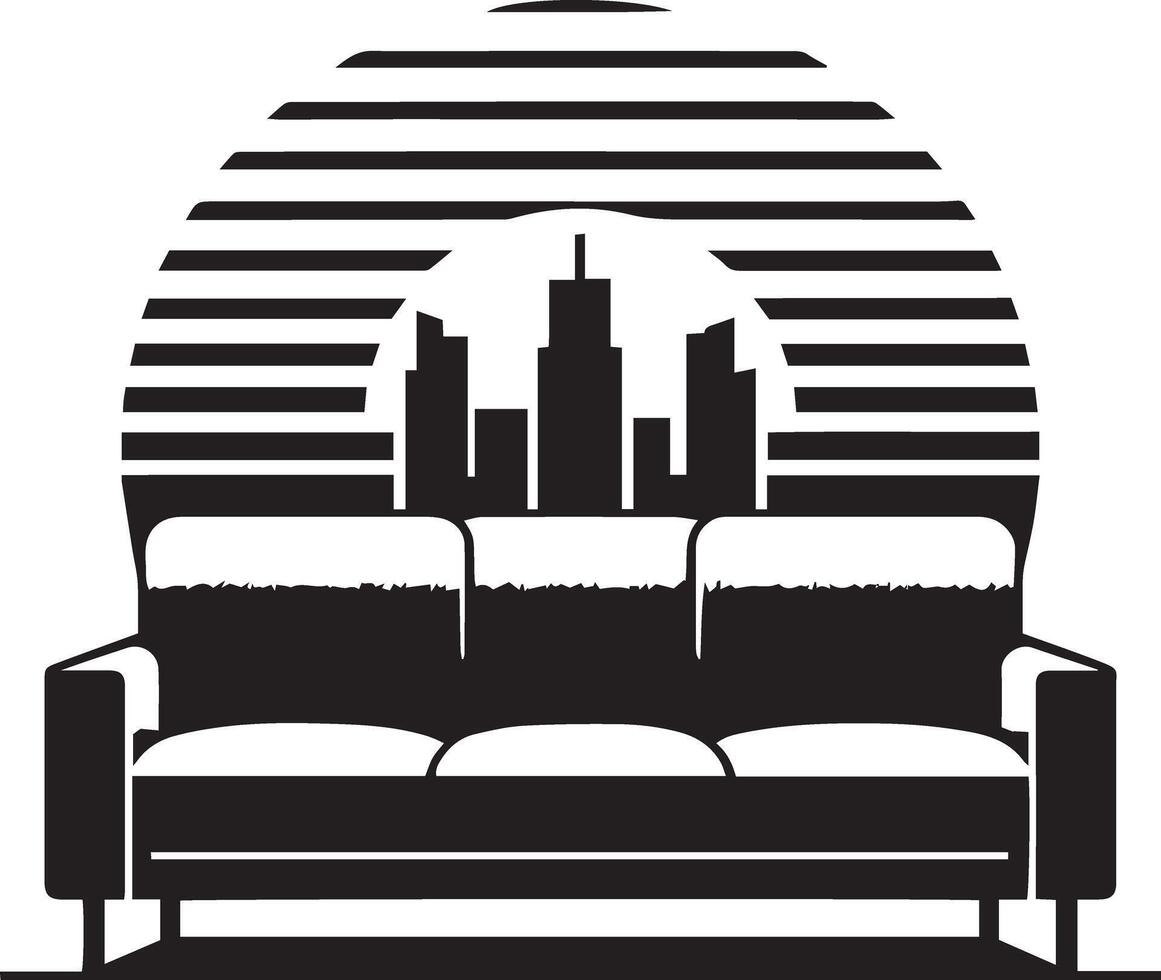 A black and white illustration of a couch with cityscape in the background vector