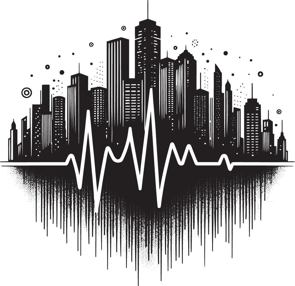 A city skyline with heartbeat lines and a heartbeat vector