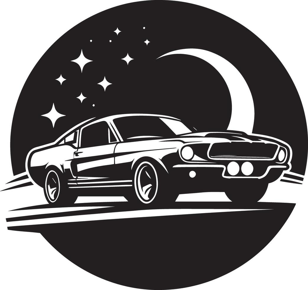 A black and white car with stars and moon in the background vector