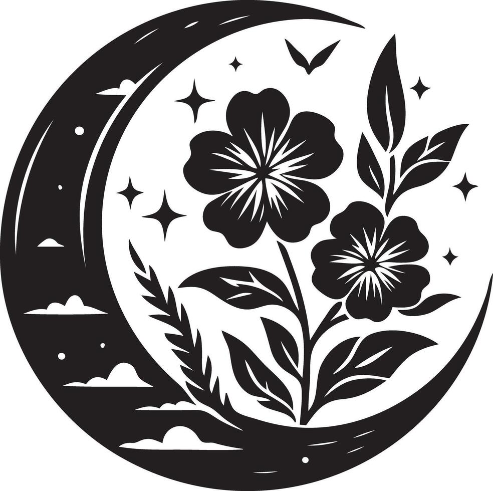 A black and white illustration of a flower and moon vector