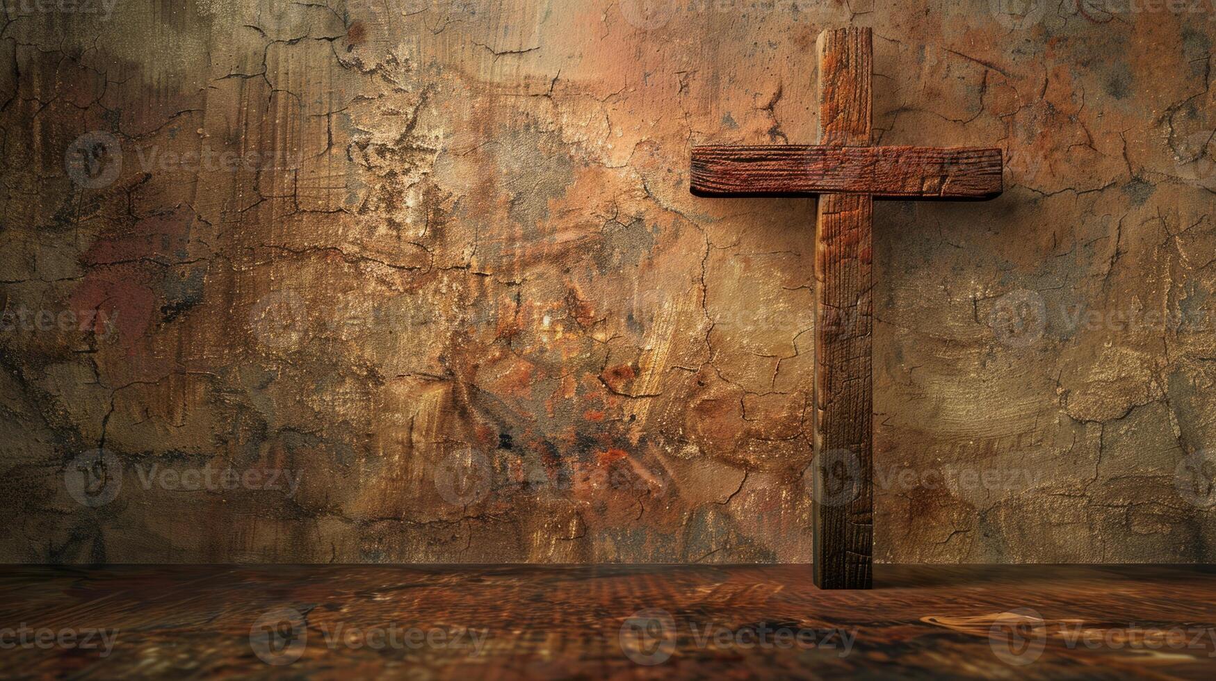 Copy space featuring a wooden cross against a textured background, adding depth photo