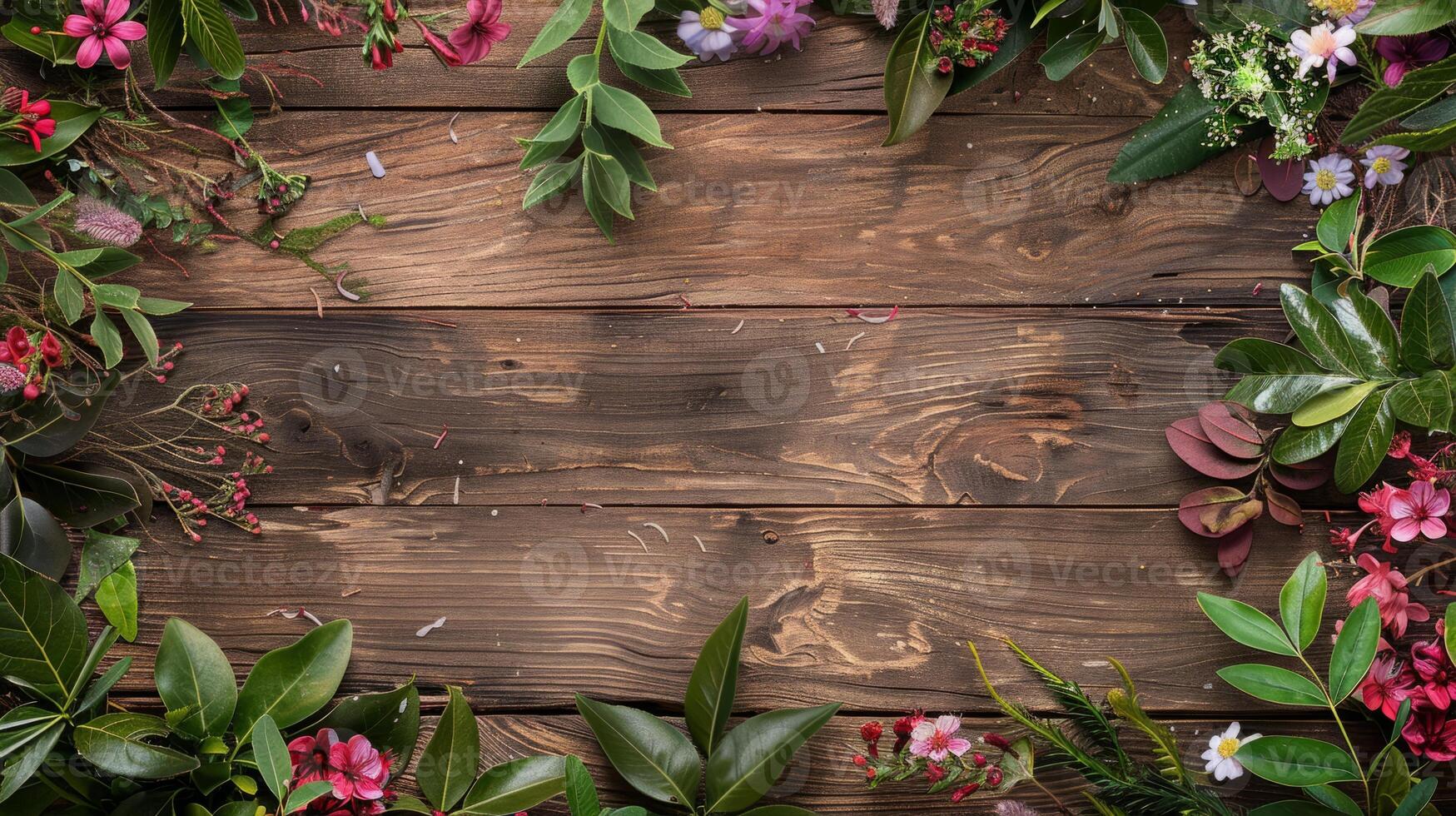 Creatively arranged texture with wood and botanical elements. photo