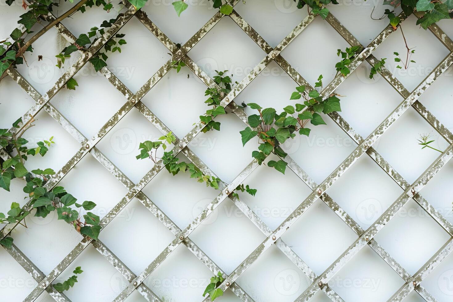 Lattice Trellis with Green Ivy Vines Against a White Wall in a Garden Setting photo