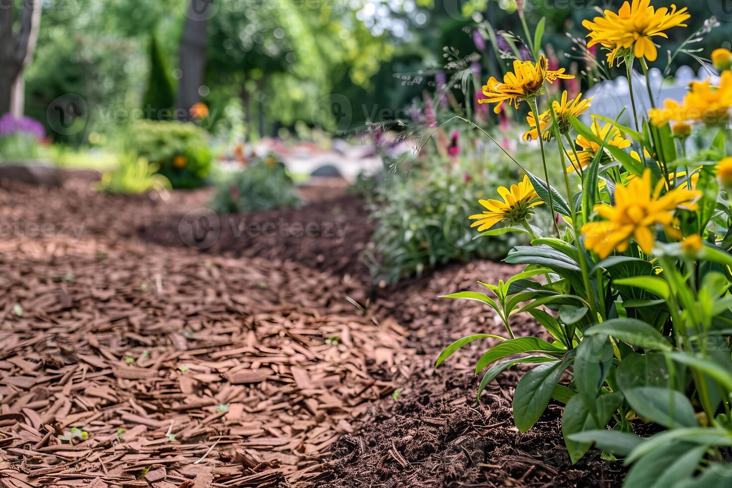 Beautiful Garden with Yellow Flowers and Fresh Mulch in a Lush Green Backyard photo