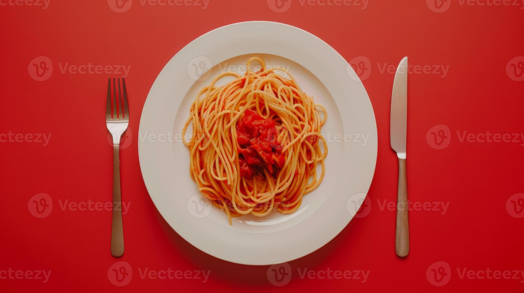 Minimalist dinner scene with a single plate of spaghetti photo