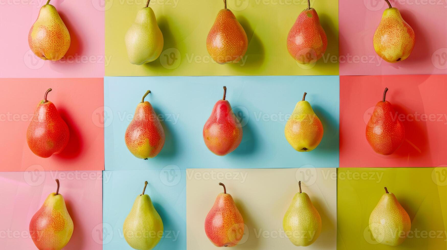Minimalistic composition of vibrant pears arranged in a geometric pattern photo