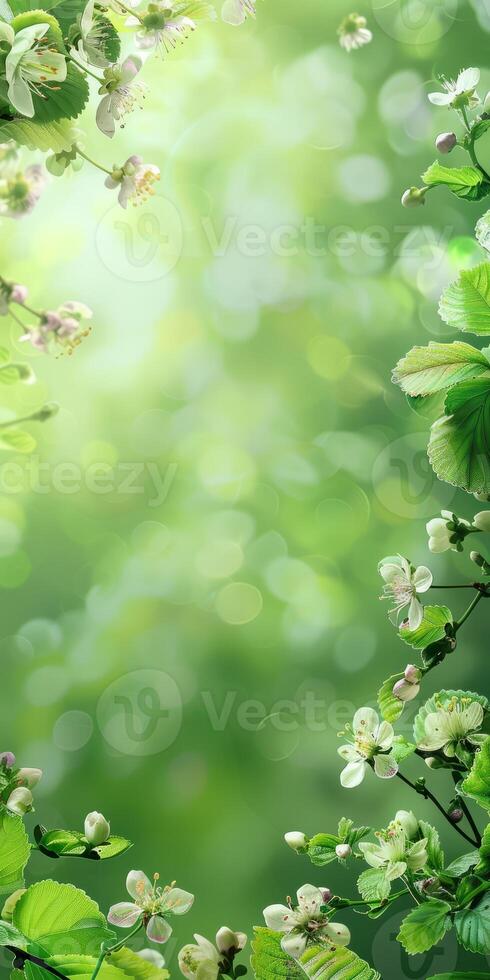 Lush Greenery and Blossoms with Sunlit Bokeh Background for Nature and Spring-Themed Designs photo