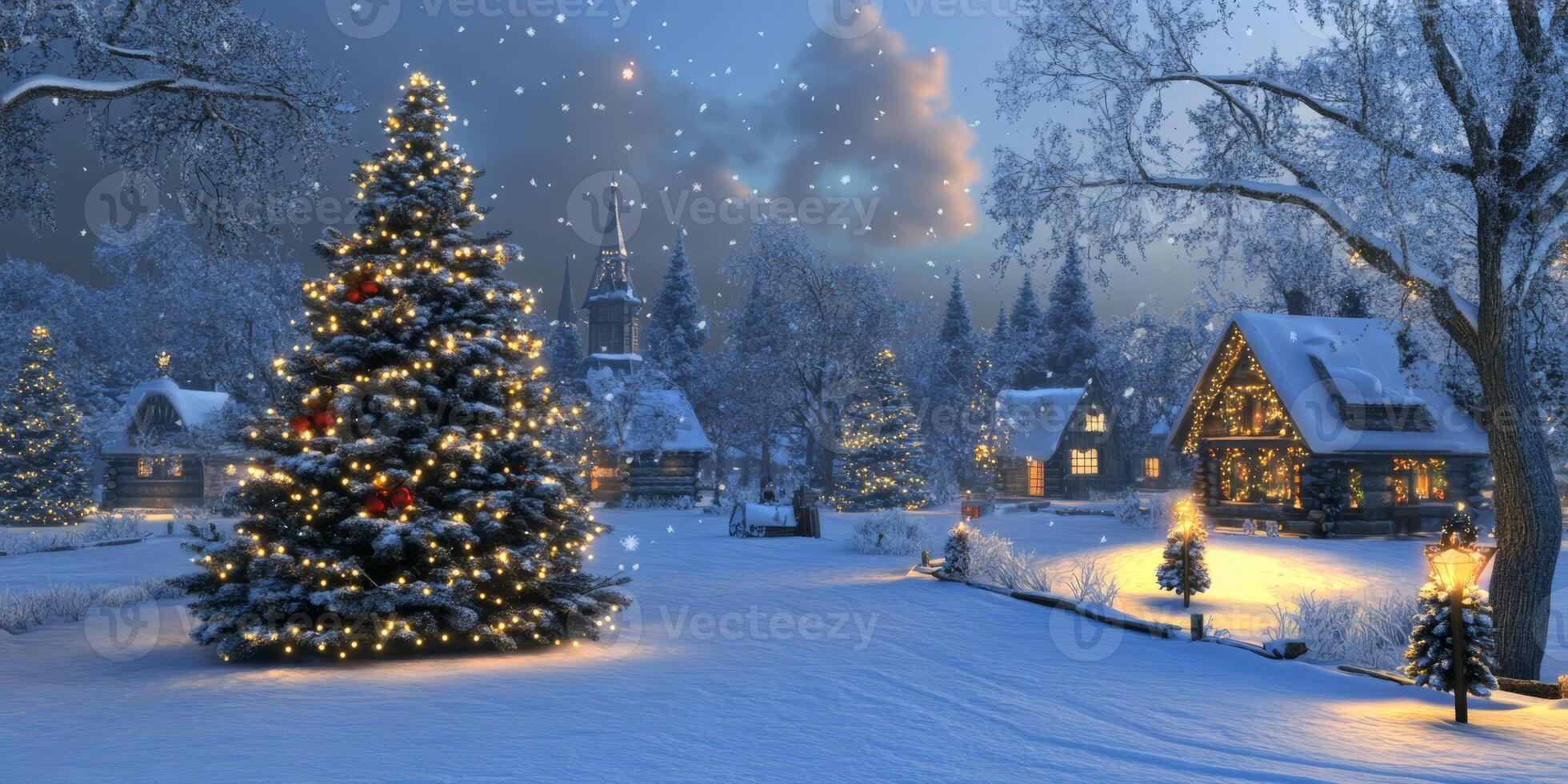 Enchanting Winter Wonderland with Snow-Covered Trees and Cozy Cabin Illuminated by Festive Lights photo
