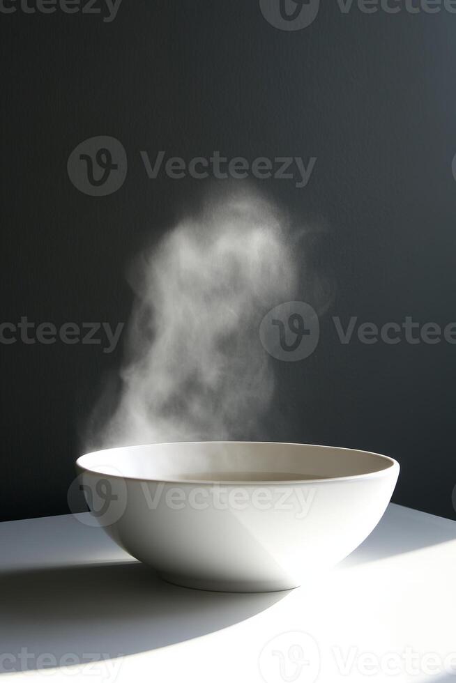 Minimalist White Bowl with Rising Steam Against Dark Background in Soft Natural Light photo