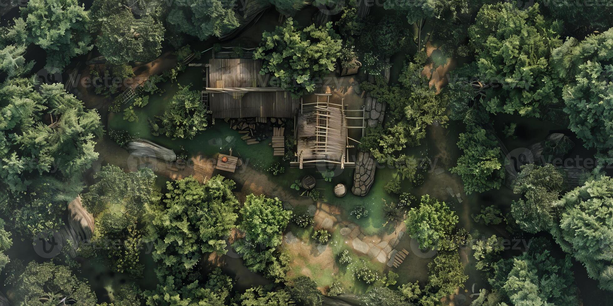 Aerial View of Rustic Wooden Cabin Surrounded by Lush Green Forest photo