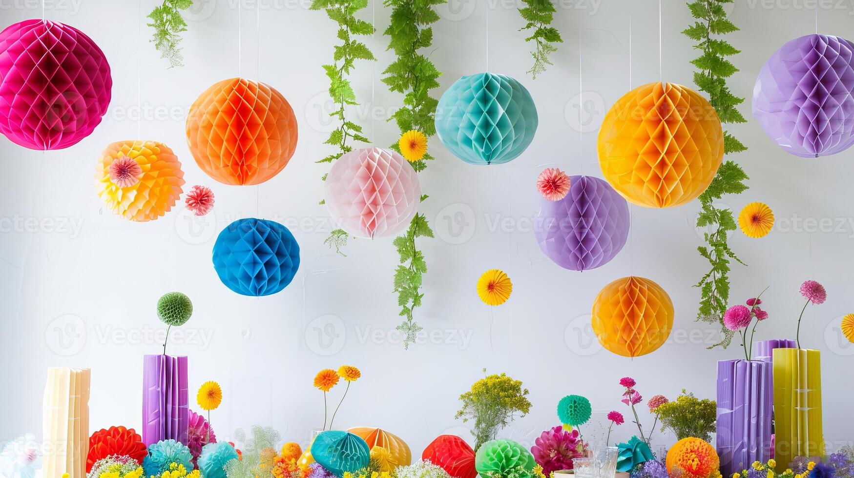 Bright and cheerful celebration setup with colorful decorations photo