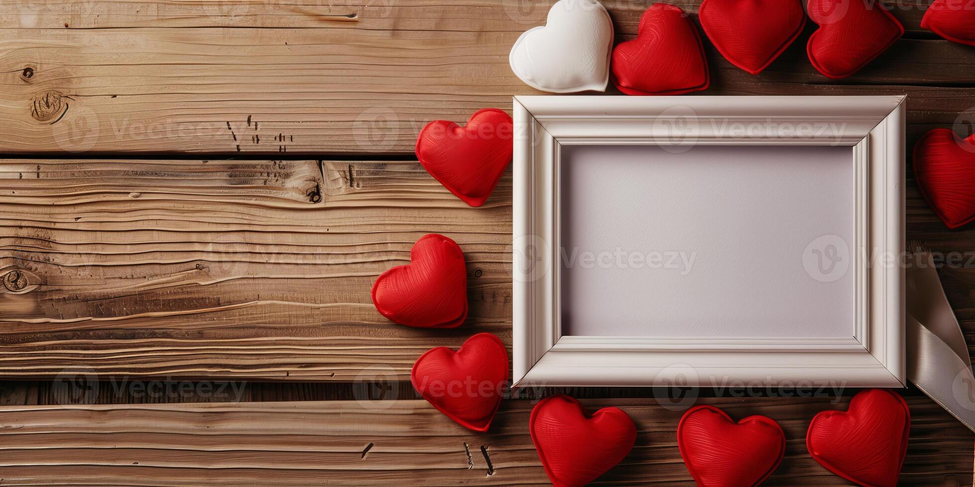 A wooden frame with a white background and a bunch of red hearts surrounding it photo