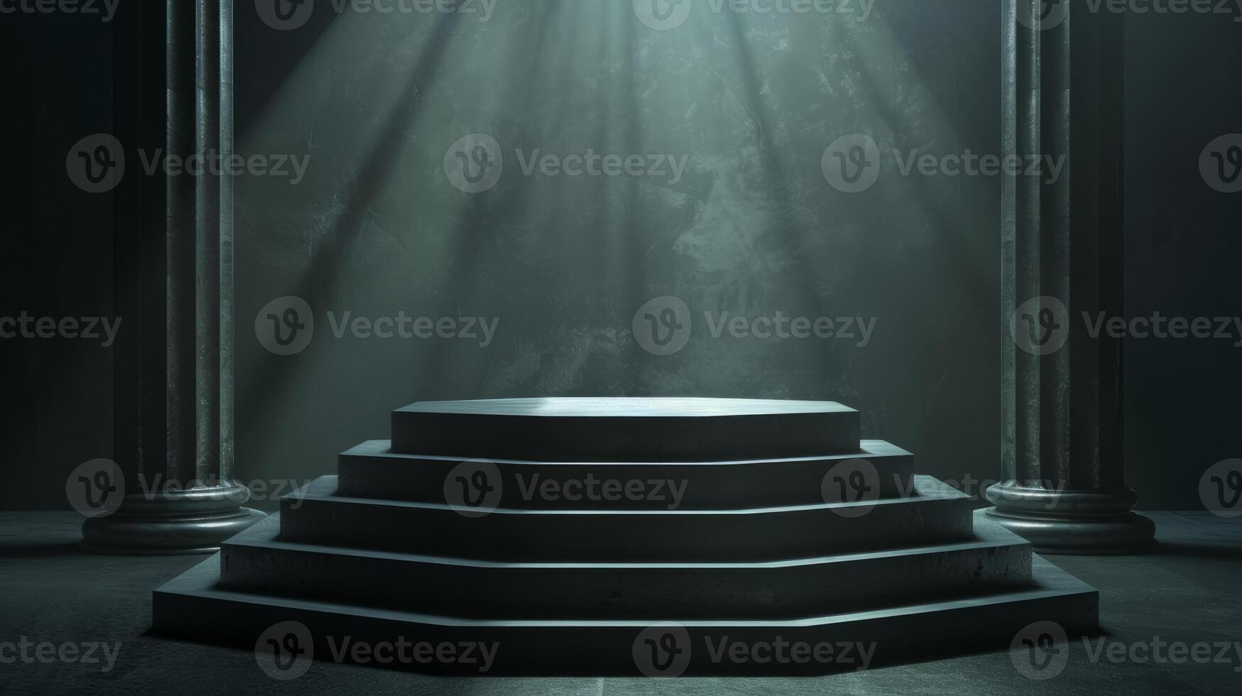 Mysterious Ancient Stone Pedestal in Dramatic Lighting with Majestic Columns and Atmospheric Shadows photo