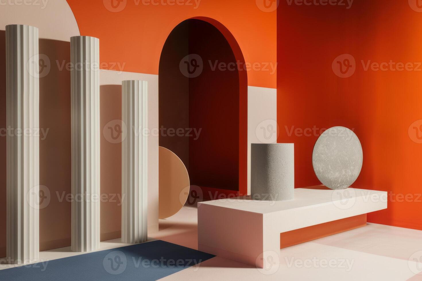 Modern Abstract Interior with Geometric Shapes and Bold Colors Featuring Columns photo