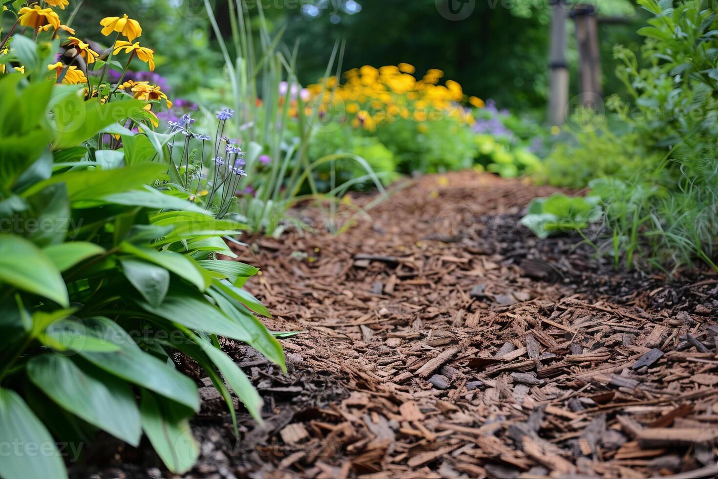 Beautiful Garden Pathway with Mulch and Colorful Flowers in Bloom on a Sunny Day photo