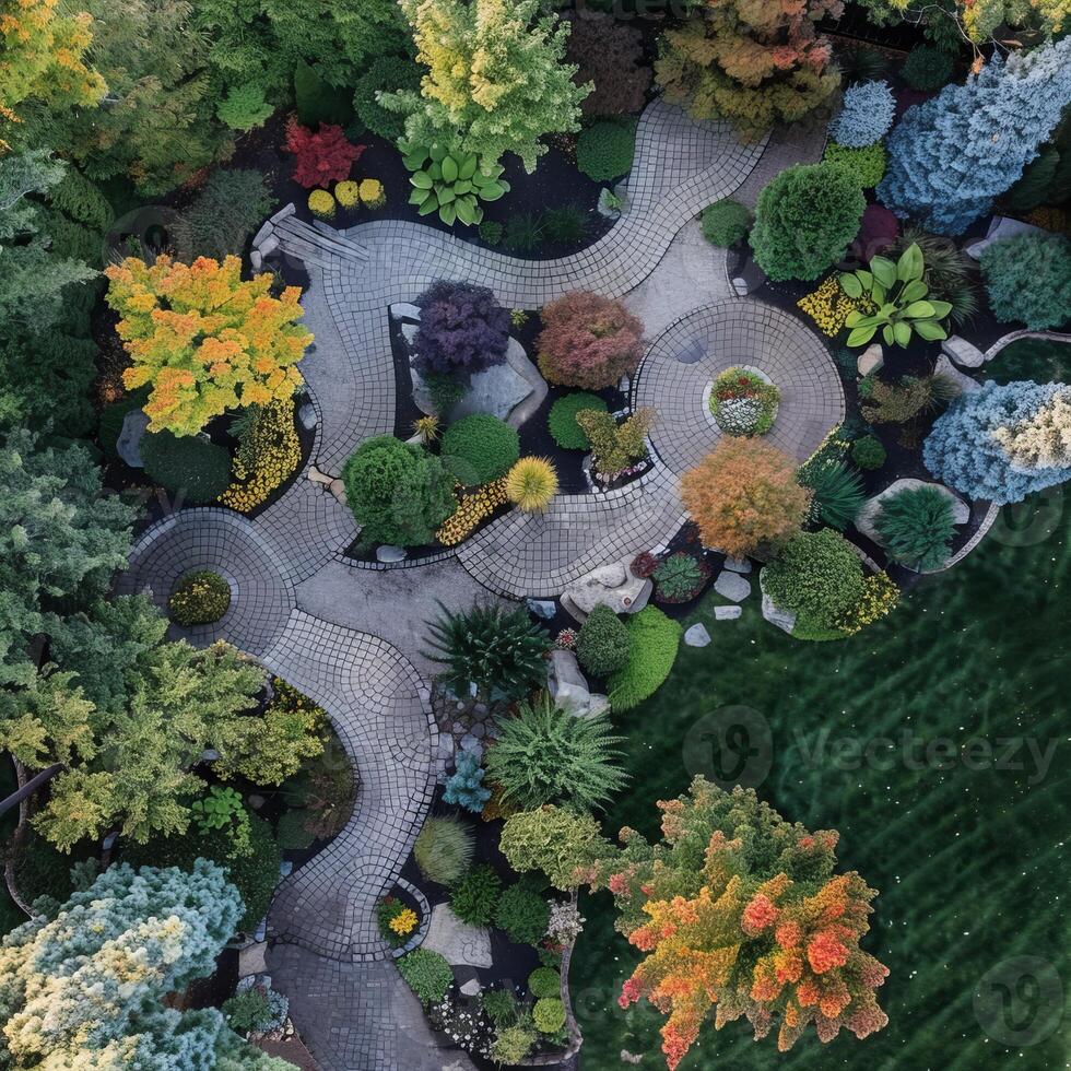 Aerial View of Beautifully Landscaped Garden with Colorful Foliage photo