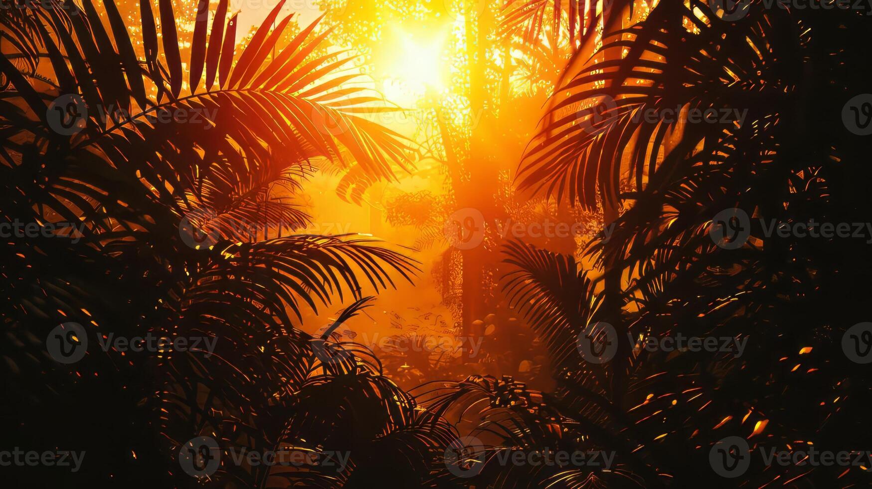 Silhouetted rainforest foliage creating a tranquil scene at sunset. photo