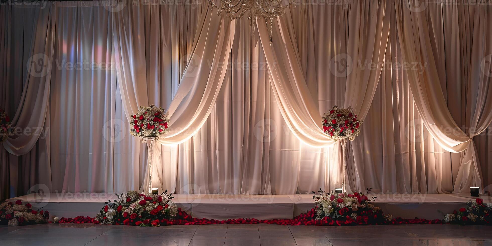 A large white curtain with red flowers and red roses on it photo