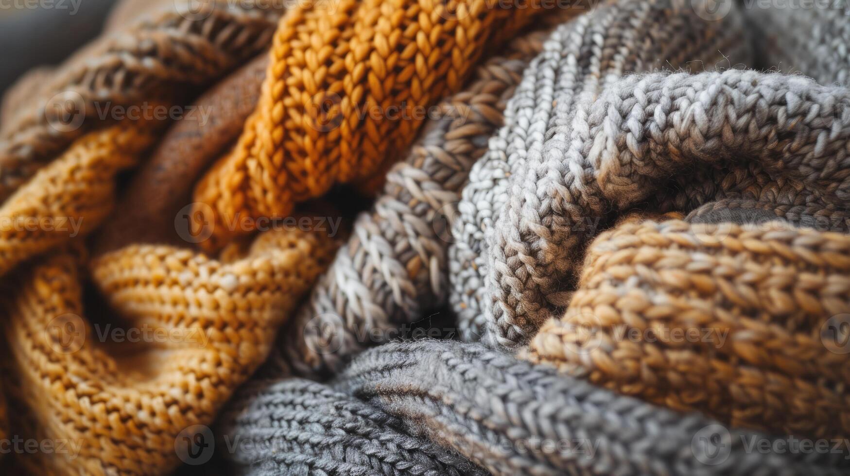 A pile of knitted sweaters with different colors and textures photo