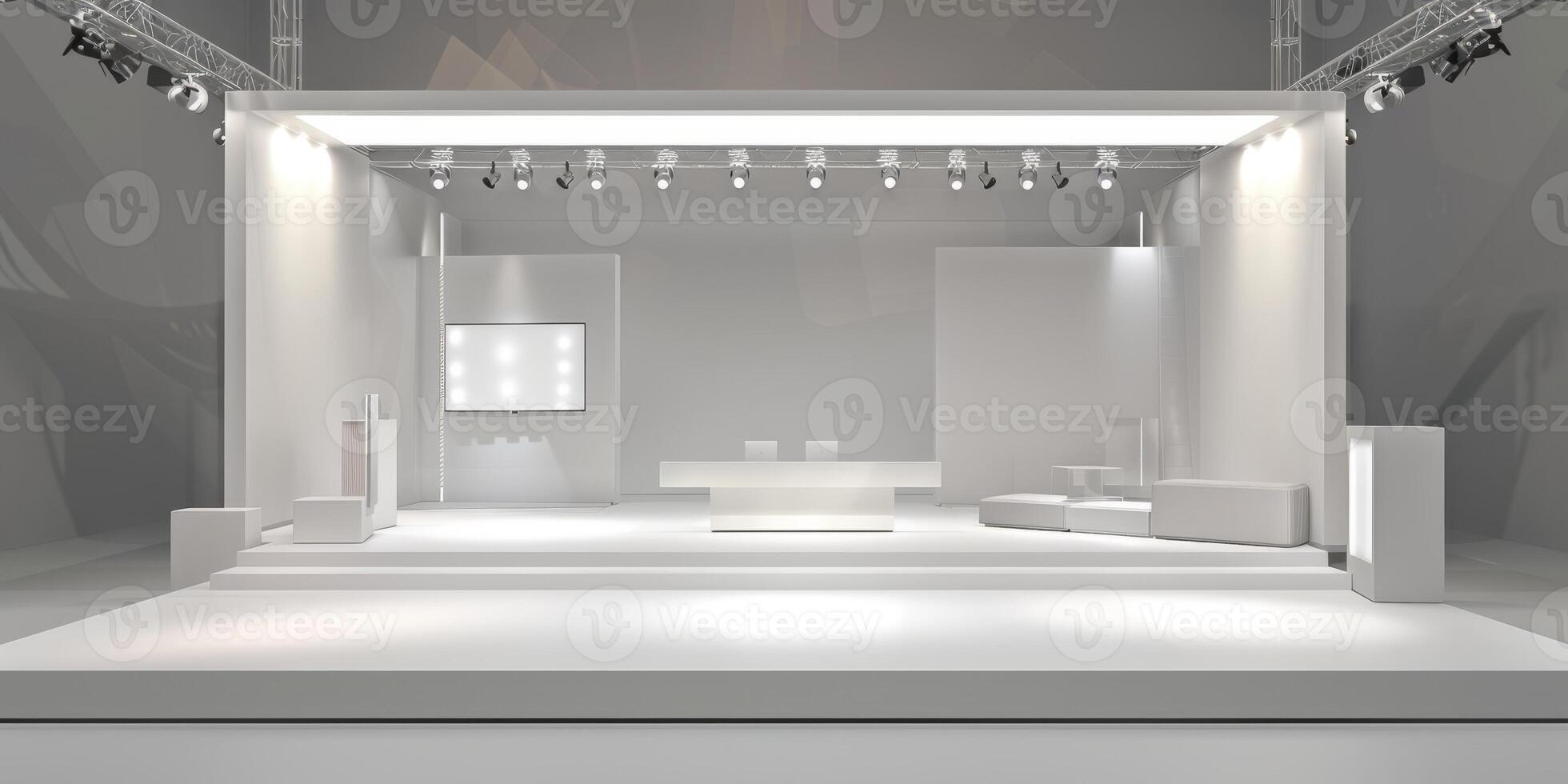 Versatile display stage layout on a white backdrop photo