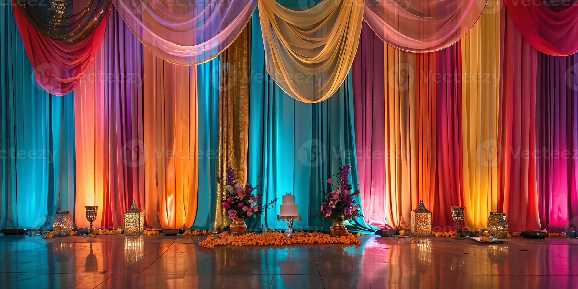 A colorful backdrop with a cake on a table in the middle photo
