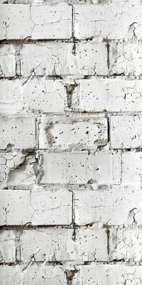 Textured White Brick Wall Background with Cracks and Weathered Surface photo