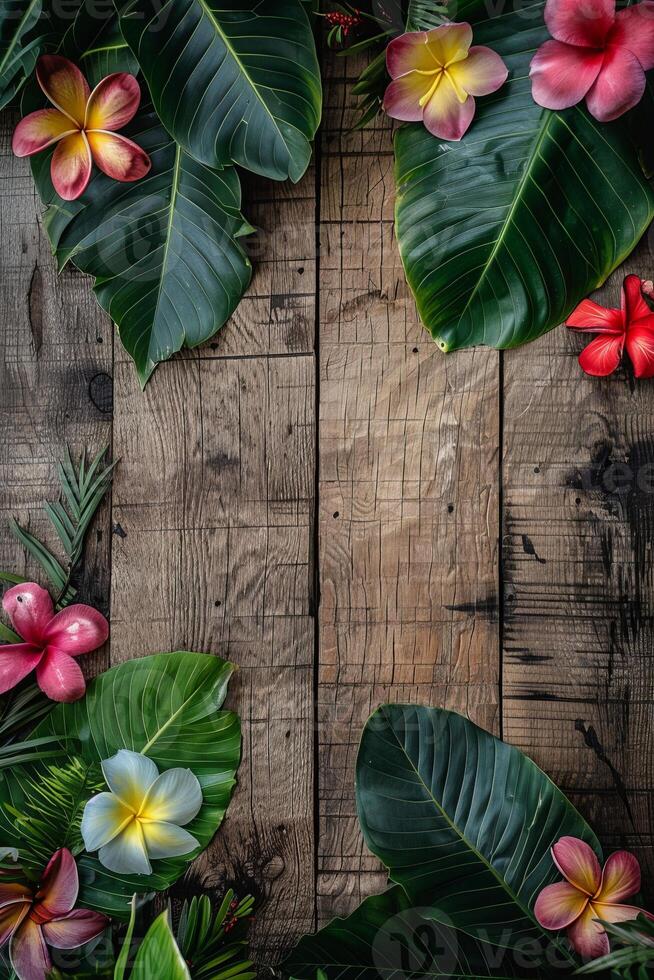 Tropical Floral Arrangement with Vibrant Plumeria and Lush Green Leaves on Rustic Wooden Background photo