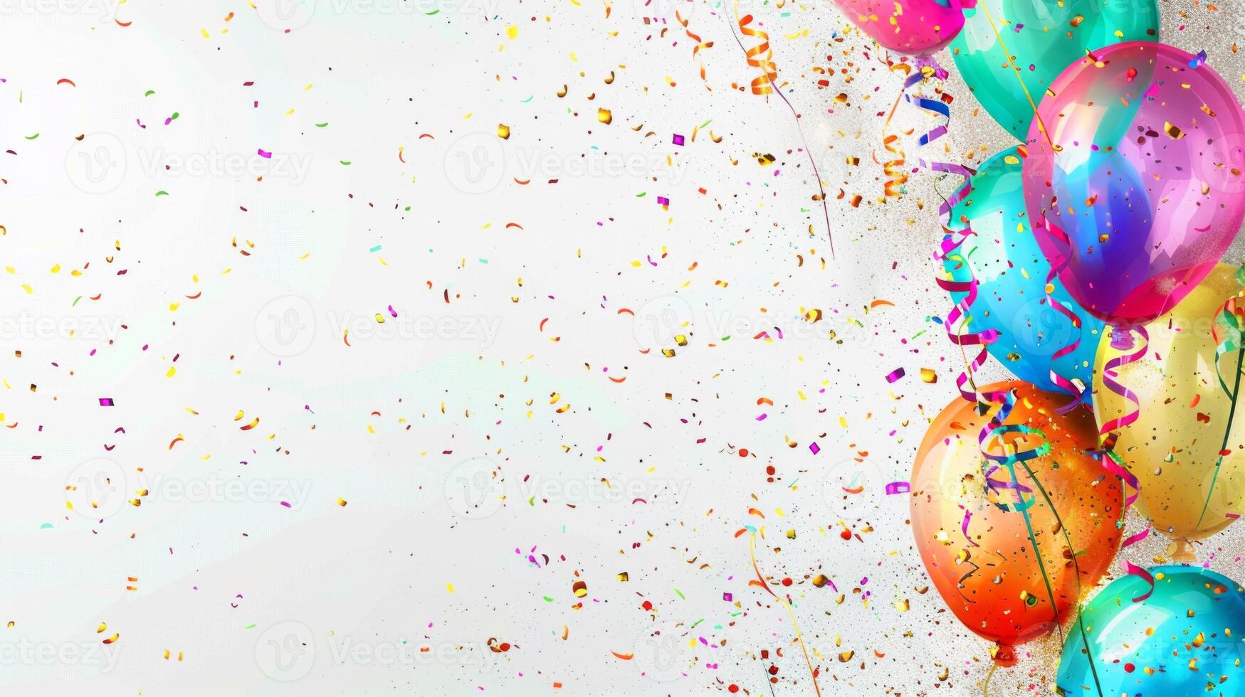 Colorful Party Balloons and Streamers on Blue Background with Confetti photo