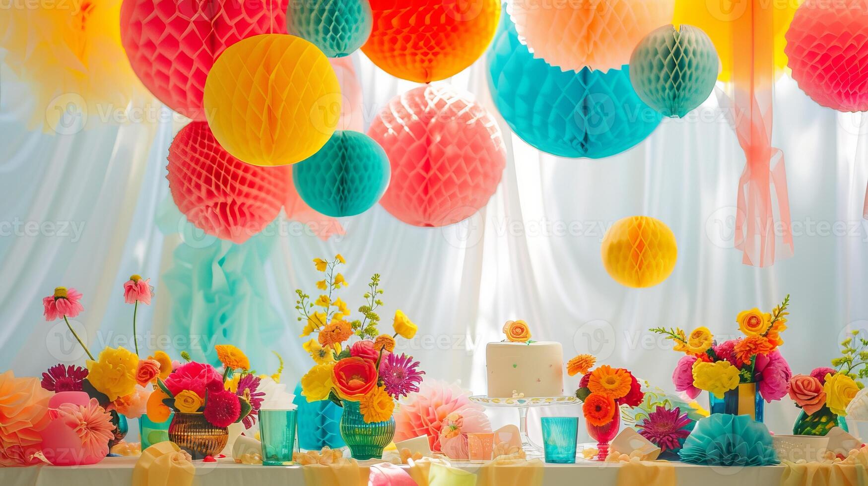 Bright and cheerful celebration setup with colorful decorations photo