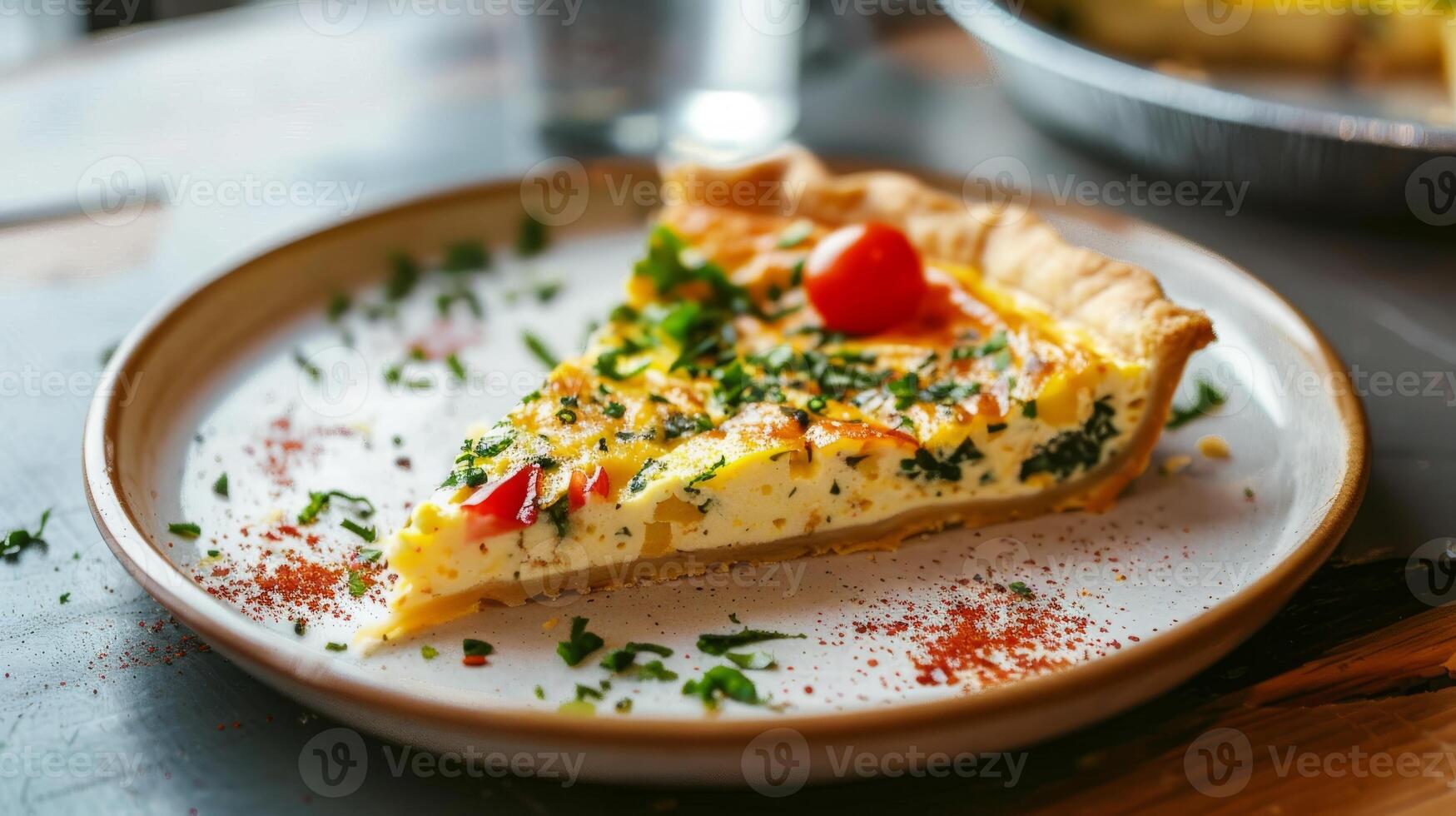 Clean and modern presentation of a slice of quiche on a plate photo