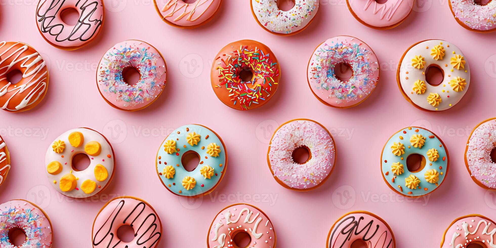 Colorful Assorted Donuts with Various Toppings on Pink Background in a Patterned Arrangement photo