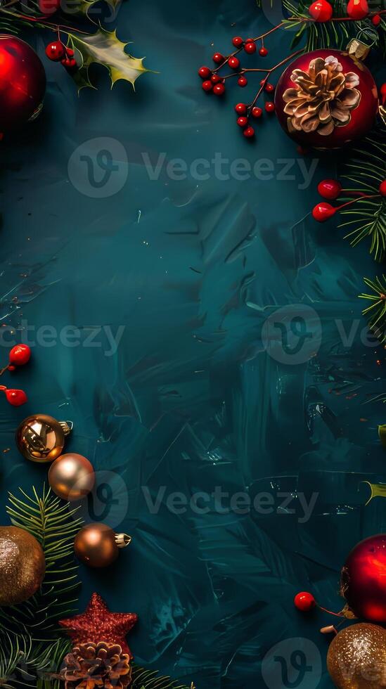 Festive Christmas Background with Pine Cones, Ornaments photo
