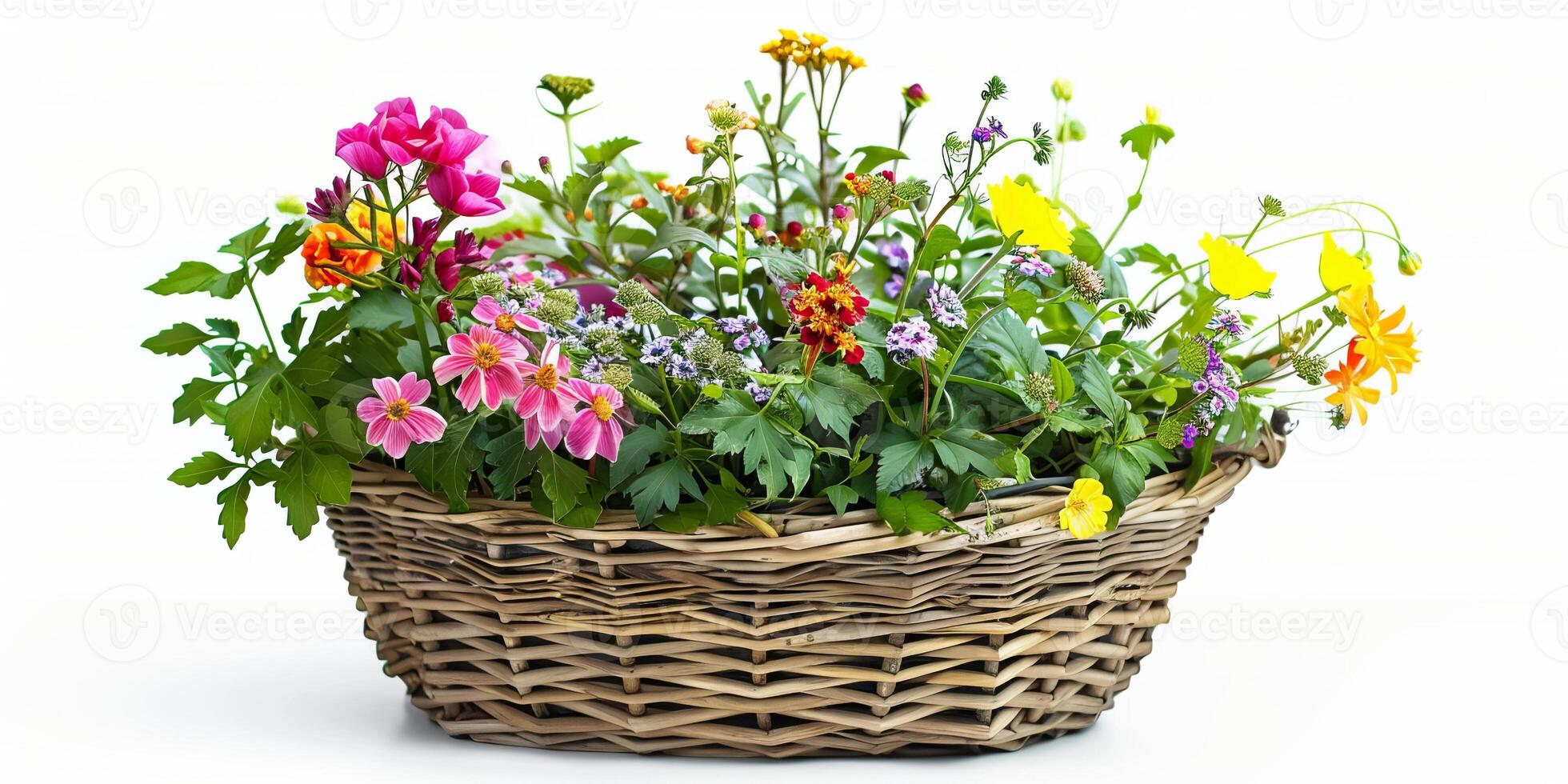 Colorful Basket of Fresh Spring Flowers in a Woven Basket photo