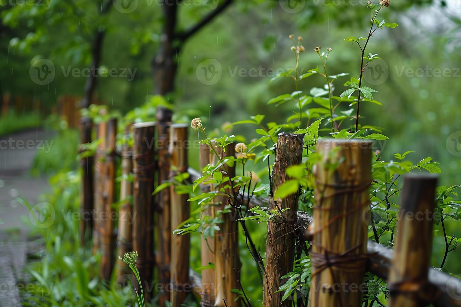 Serene Pathway with Wooden Fence and Lush Greenery in a Tranquil Garden Setting photo