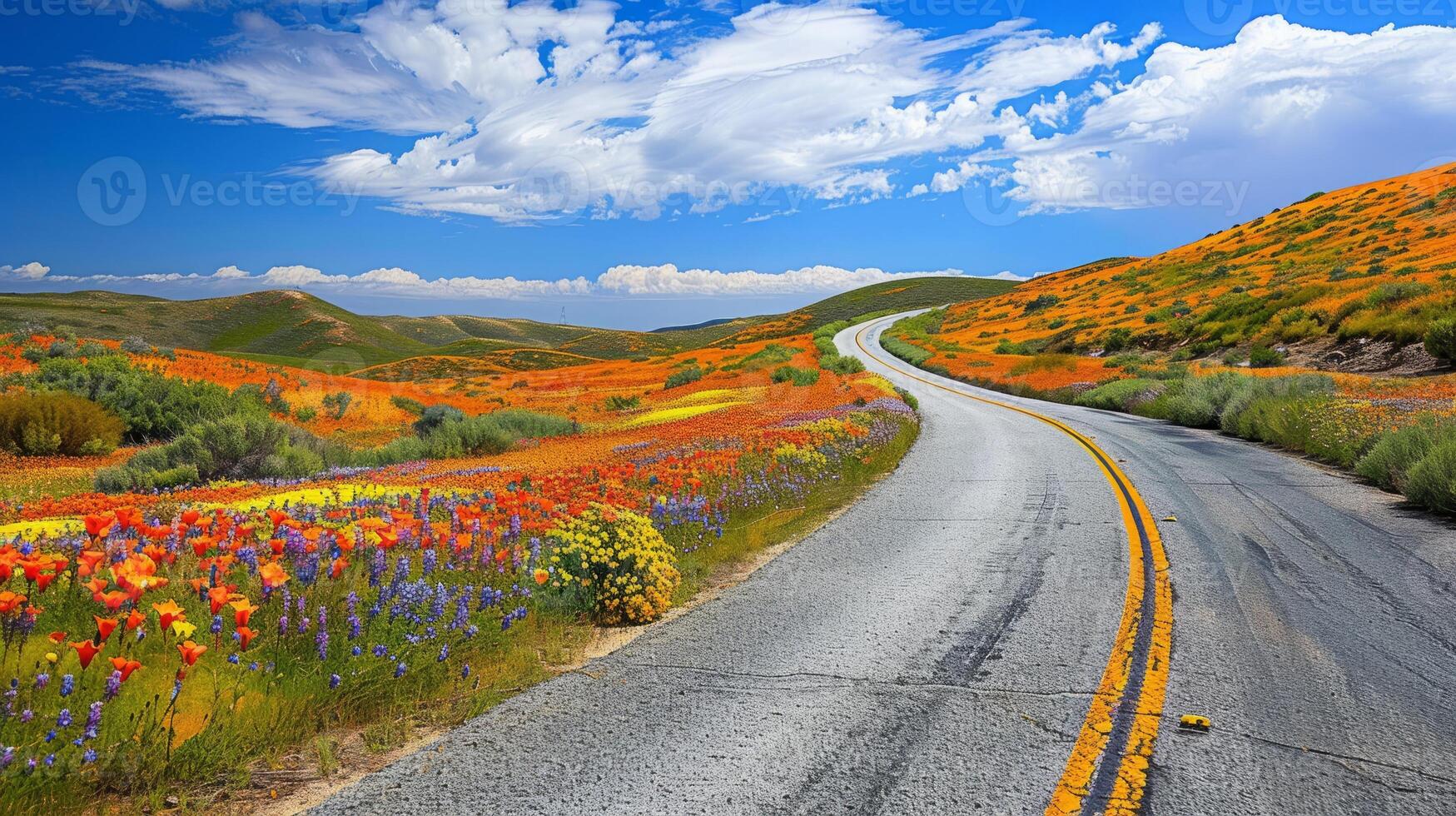Open space above a winding road bordered by fields of vibrant wildflowers photo