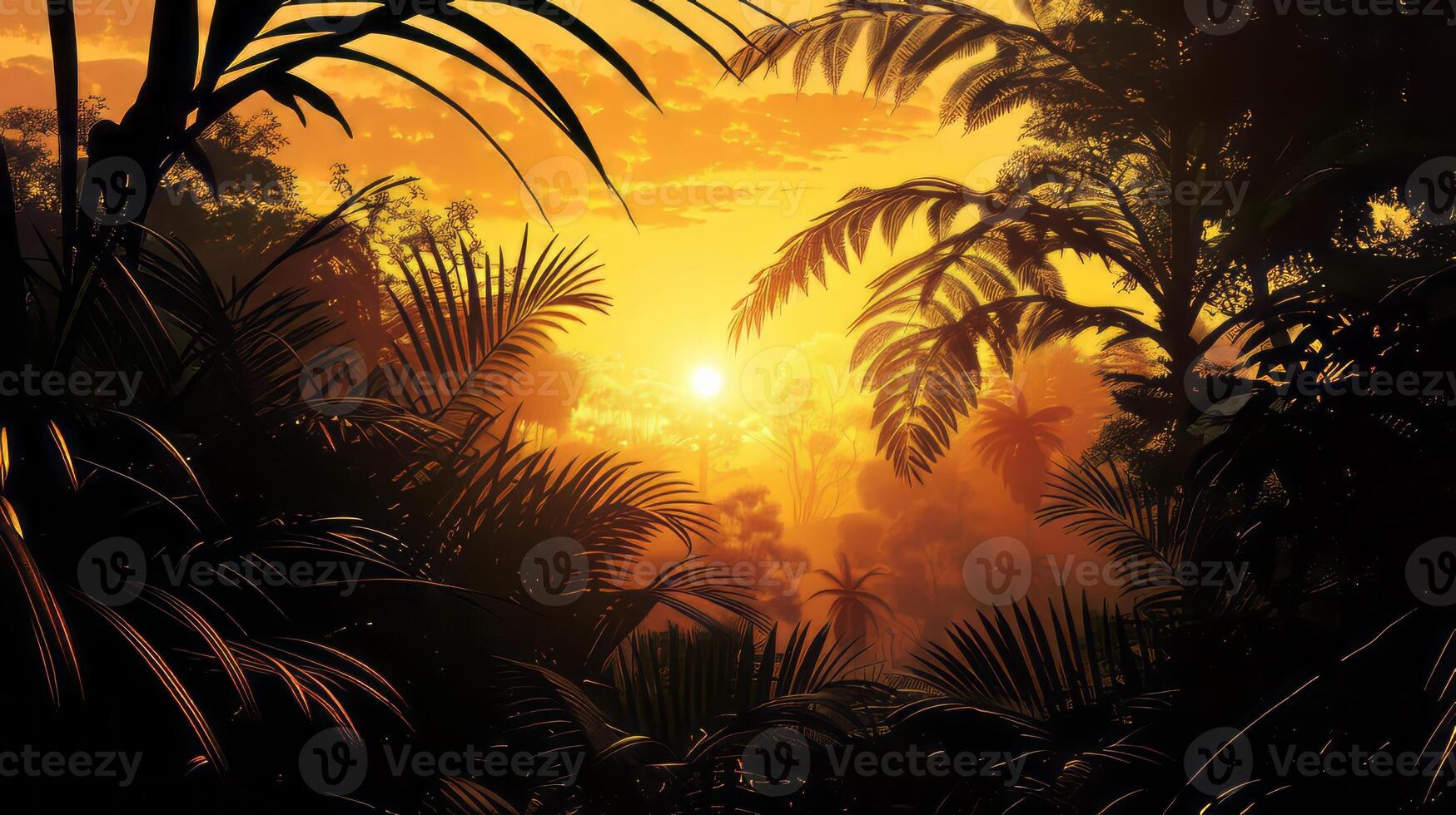 Silhouetted rainforest foliage creating a tranquil scene at sunset. photo