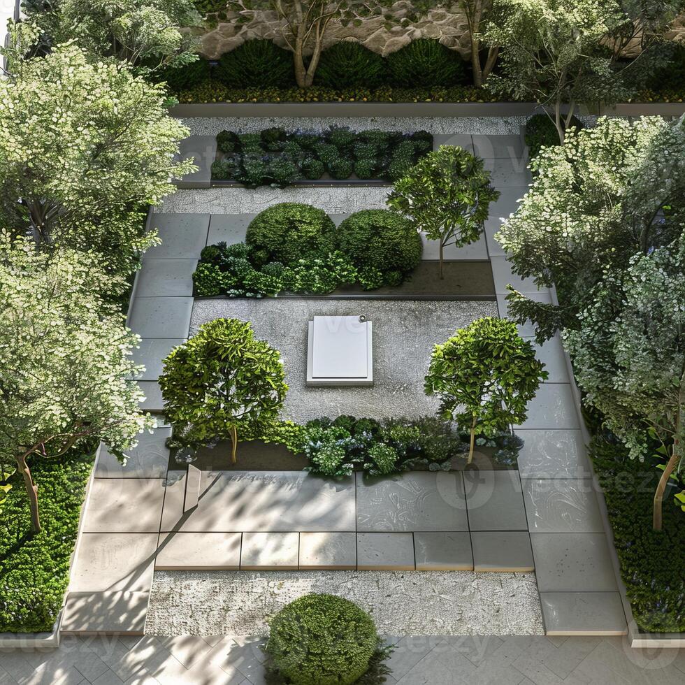 Modern Zen Garden with Geometric Design and Lush Greenery photo