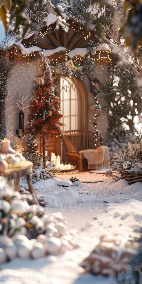 A snow covered house with a Christmas tree in front of it photo