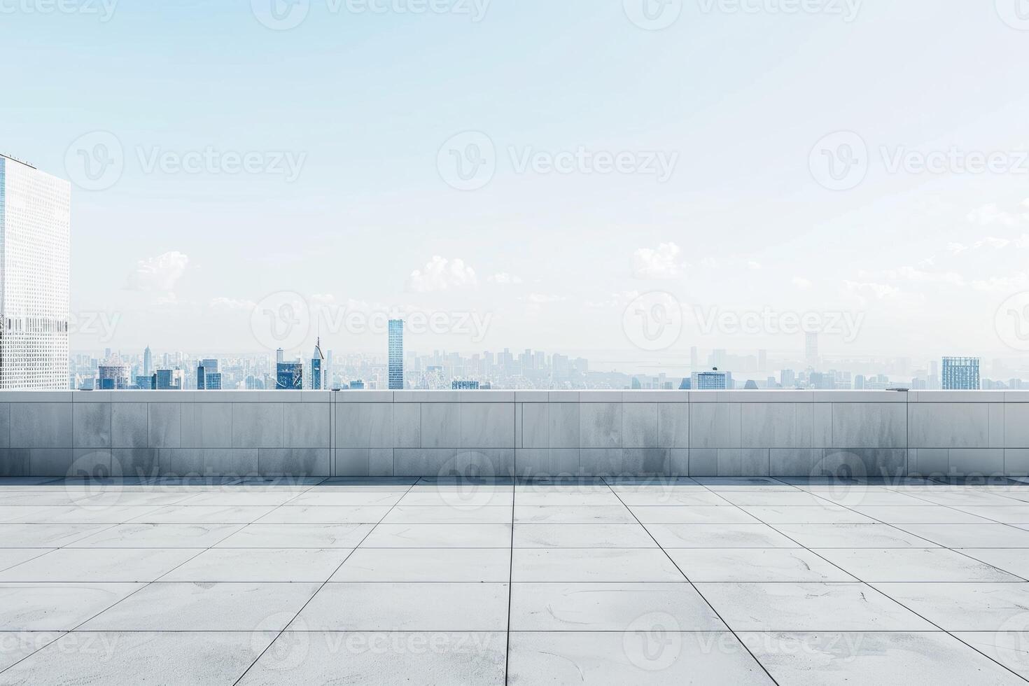 Modern Urban Skyline View from a Minimalist Rooftop with Clear Blue Sky photo