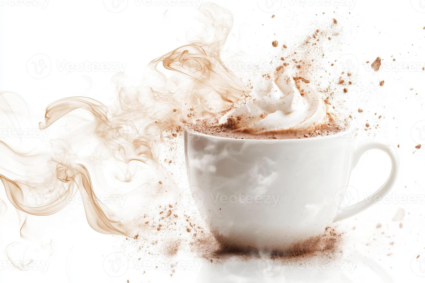 Steaming Cup of Coffee with Whipped Cream and Cocoa Powder Explosion on White Background photo
