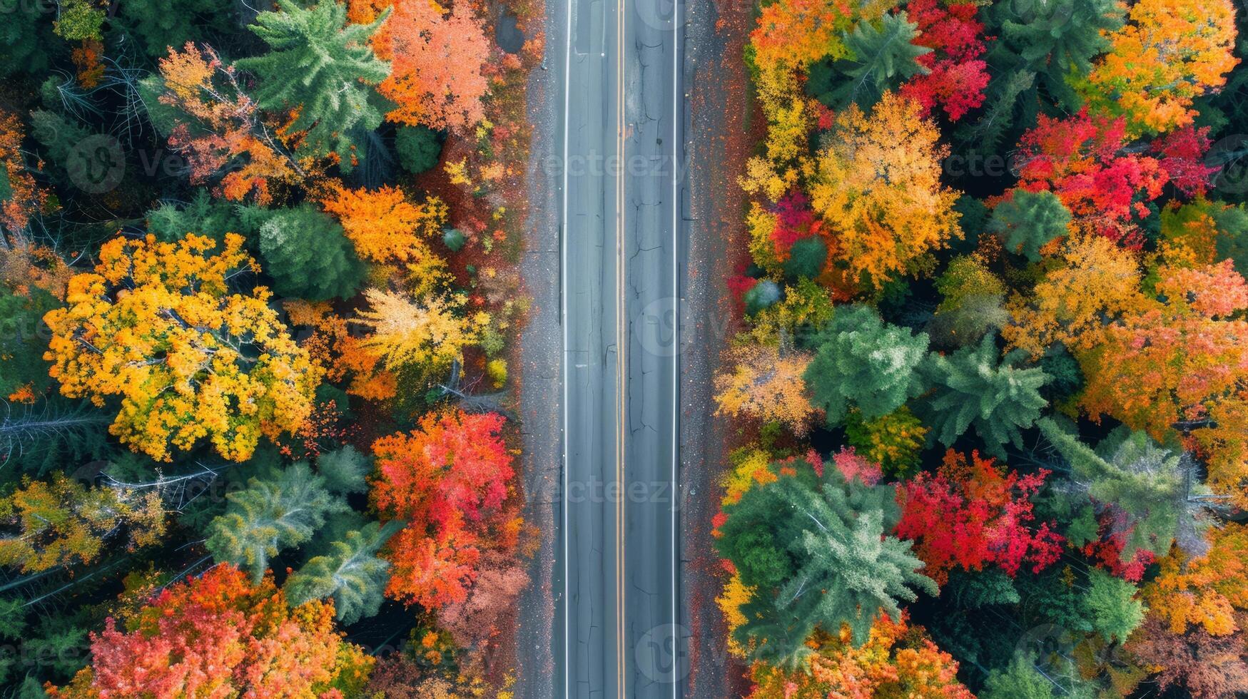 Aerial perspective of a road trip journey showcasing vibrant fall foliage photo