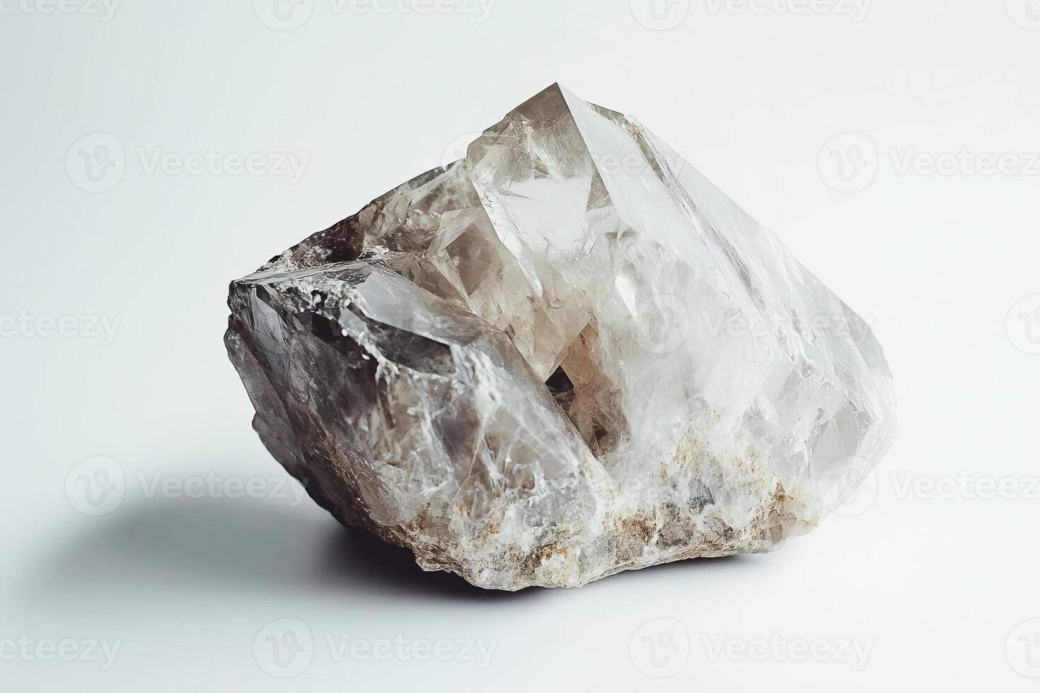 Stunning Close-Up of a Raw Quartz Crystal on a Minimalist White Background photo