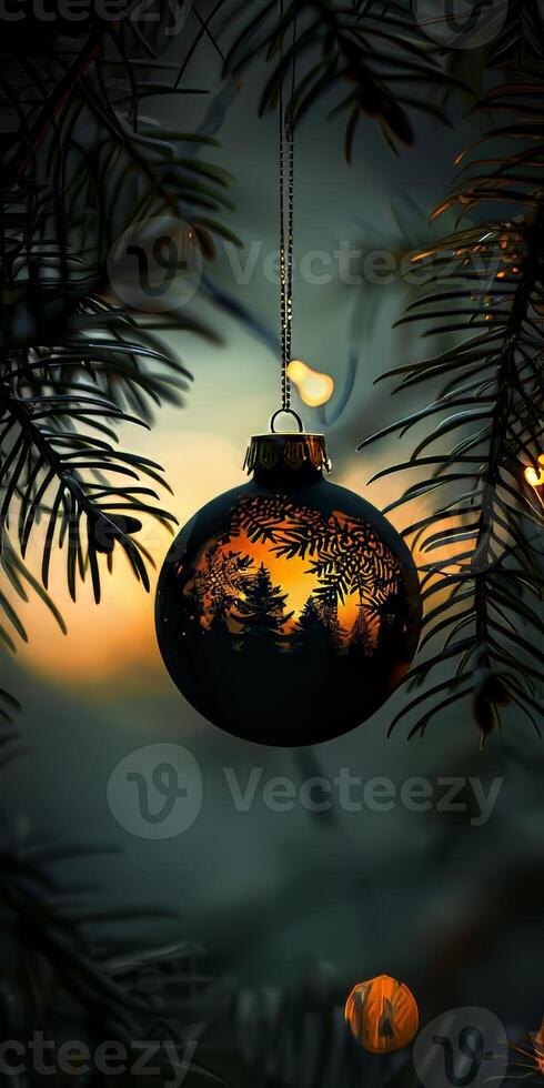 A Christmas ornament hanging from a tree photo