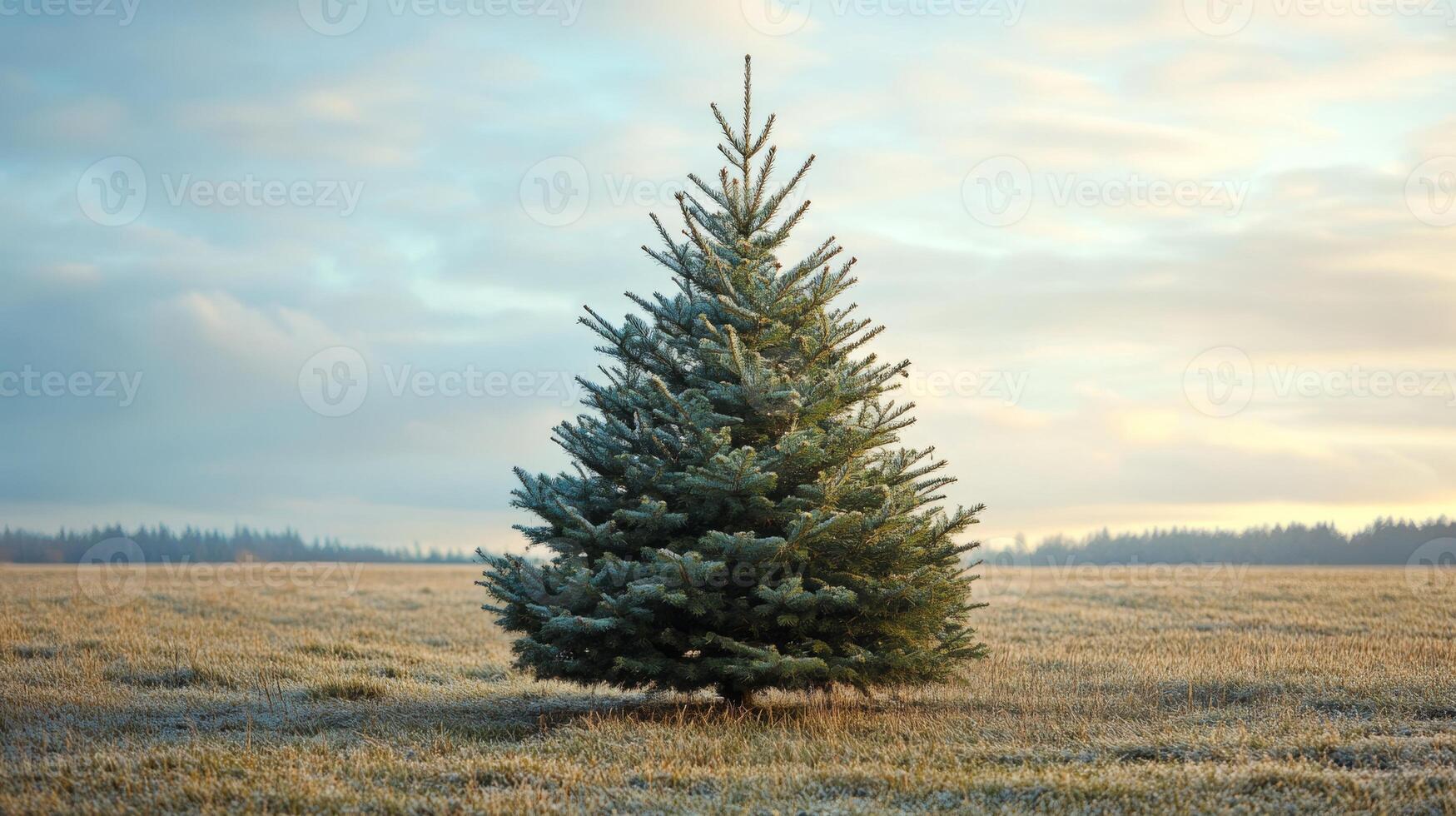 Majestic Evergreen Tree in Frosty Meadow at Sunrise with Soft Sky and Distant Forest Horizon photo