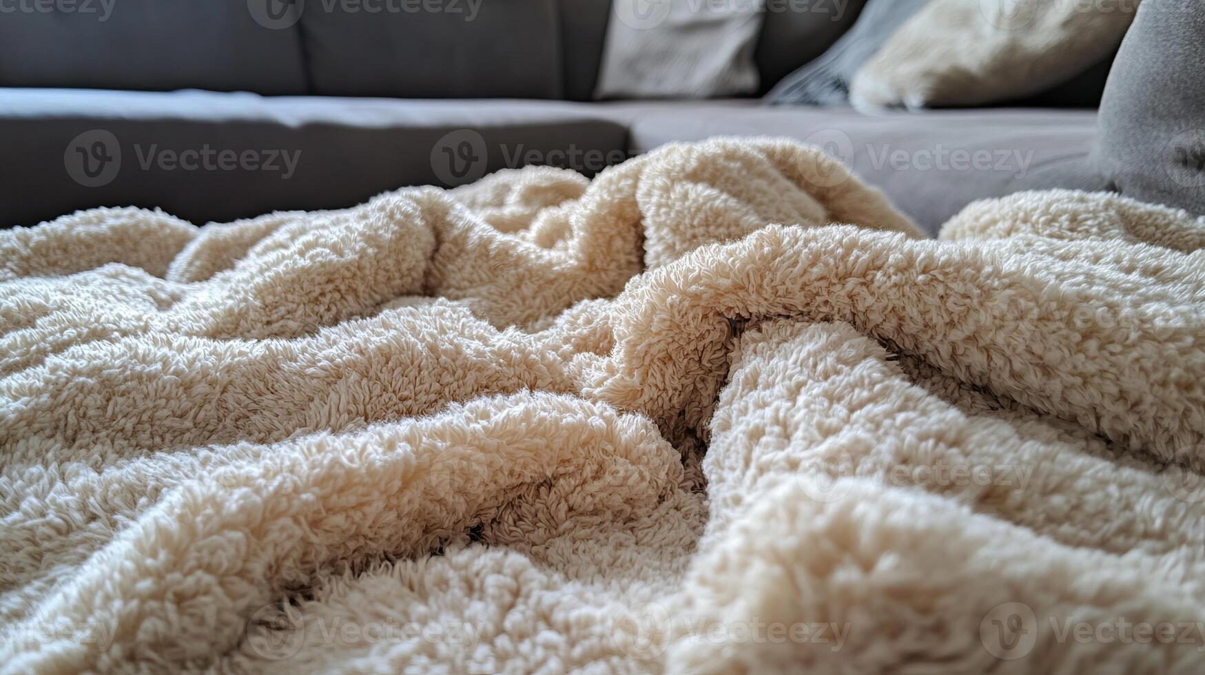 A fuzzy white blanket is spread across a couch photo