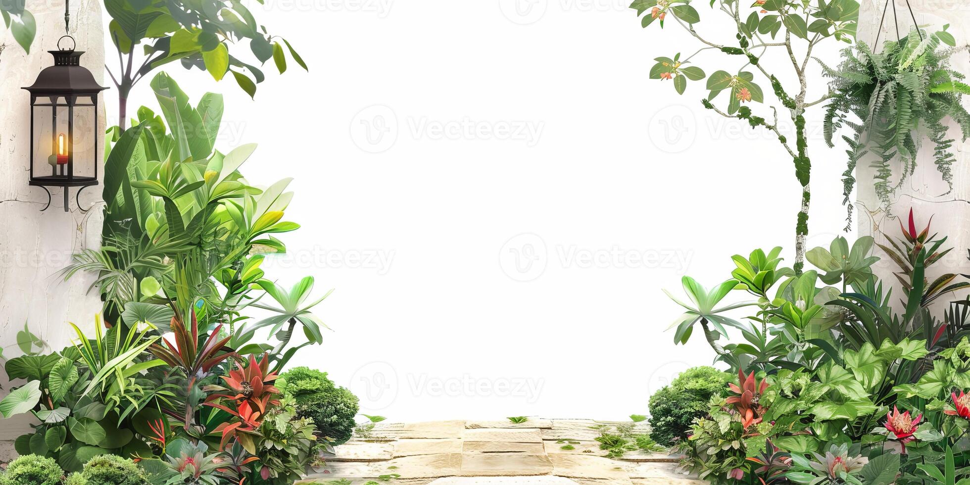 Lush Green Garden Pathway with Lantern and Tropical Plants on White Background photo