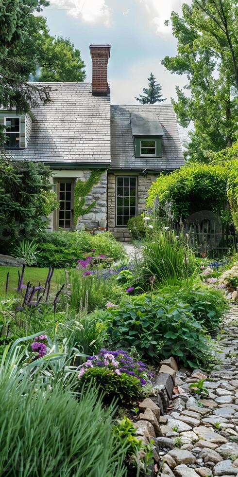 A house with a brick chimney and a stone wall photo