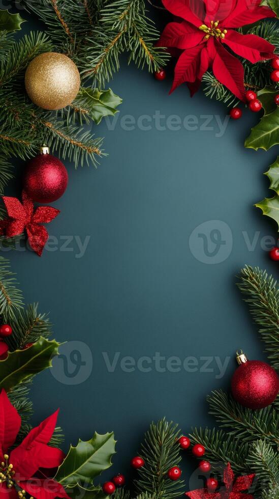 Festive Christmas Background with Pine Branches, Red Poinsettias photo