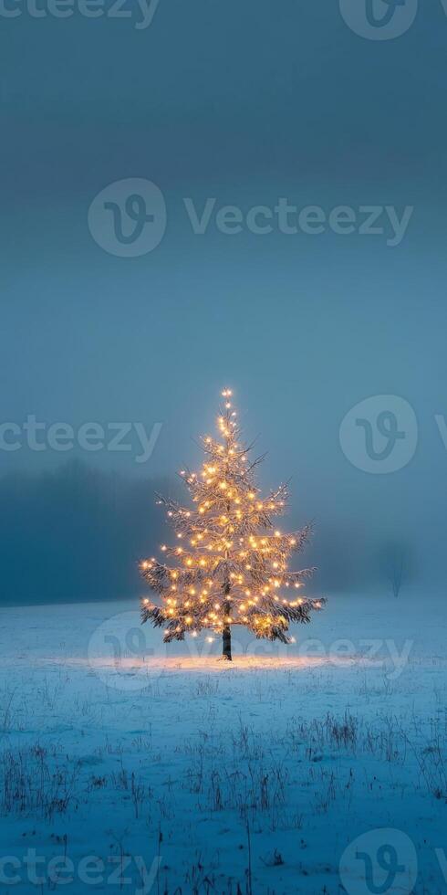 Solitary Christmas Tree Illuminated with Warm Lights in a Snowy Field on a Foggy Winter Evening photo