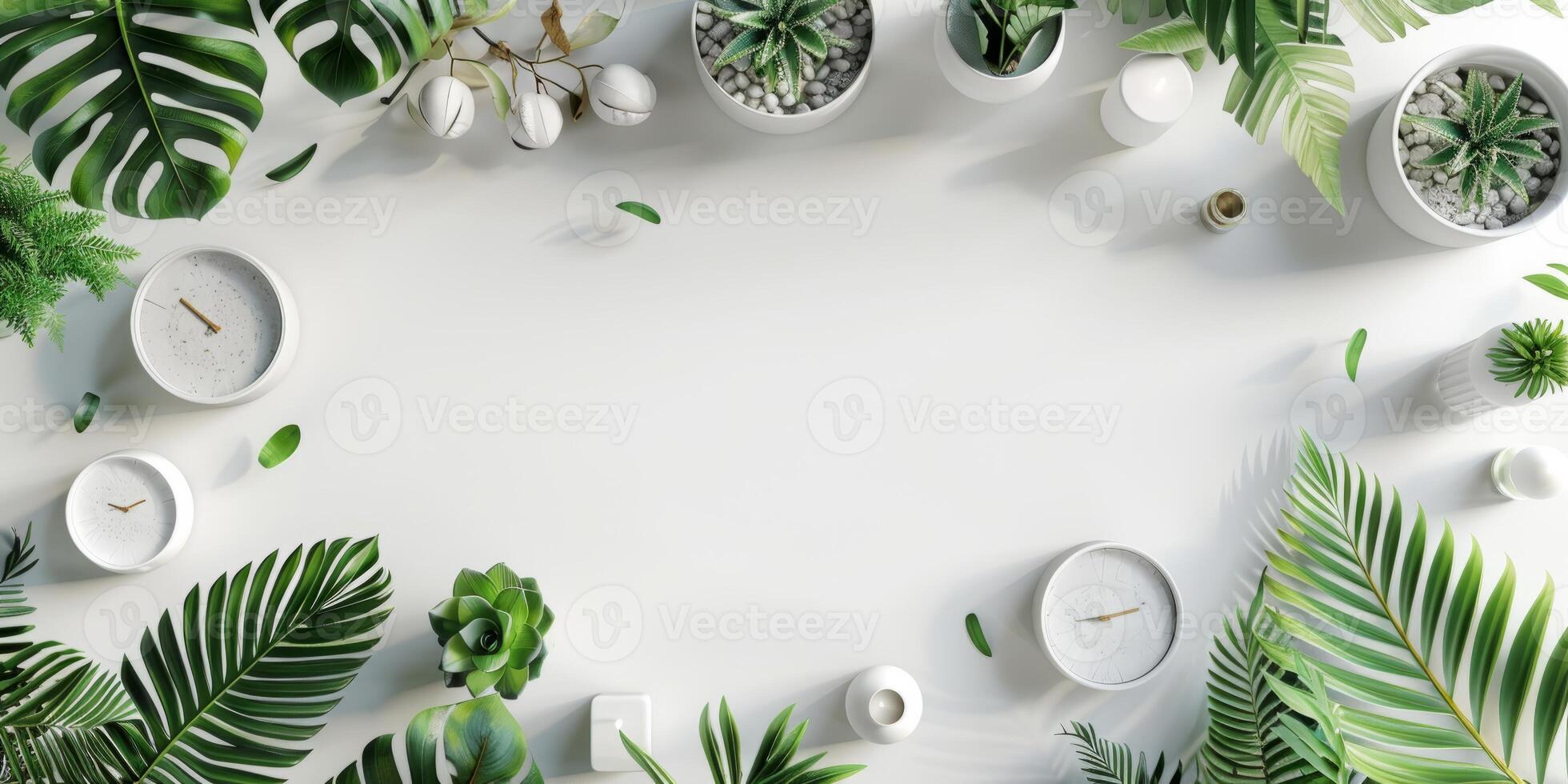 Minimalist Greenery Flat Lay with Succulents and Tropical Leaves on White Background photo